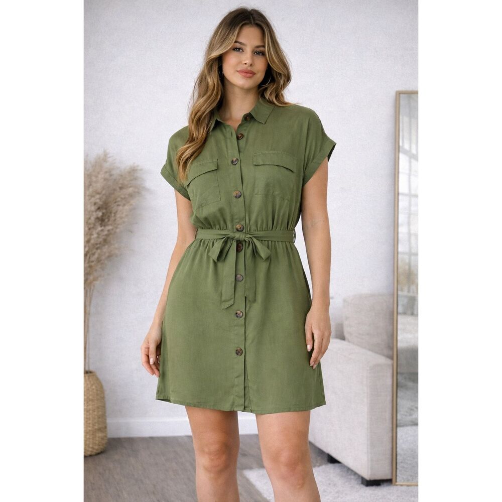 NWT Indulge Olive Green Button Front Shirt Dress Belt Short Sleeve Mini Sz S